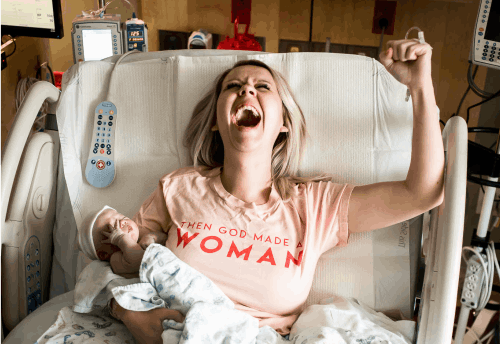 New mom celebrating birth of new baby